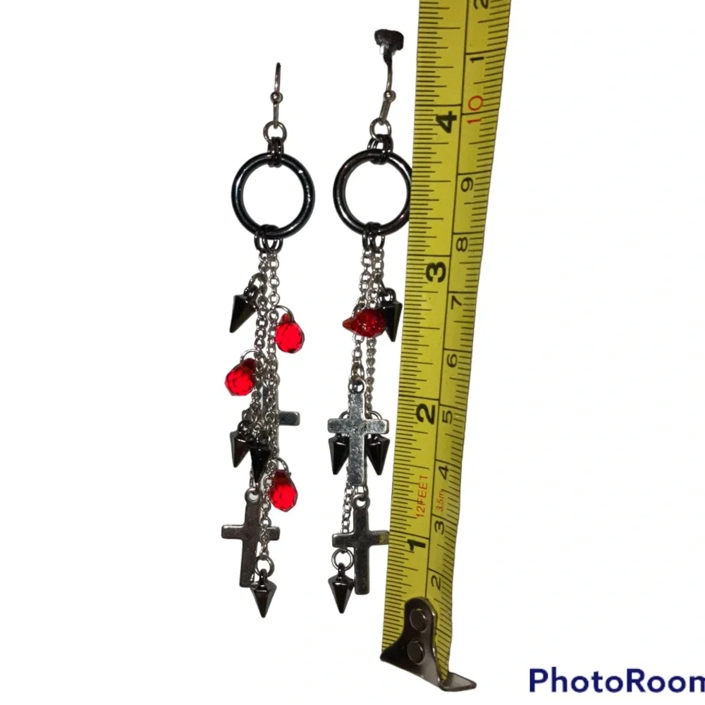 4” Dangling Earrings Chains Crosses Black Spikes & Blood Red Crystals Religion